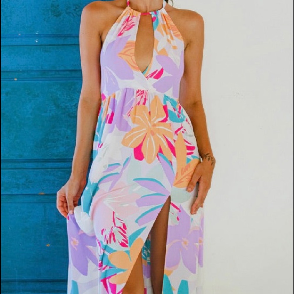 CUPSHE Tropical Halter Neck Front Slit Maxi Dress XL
